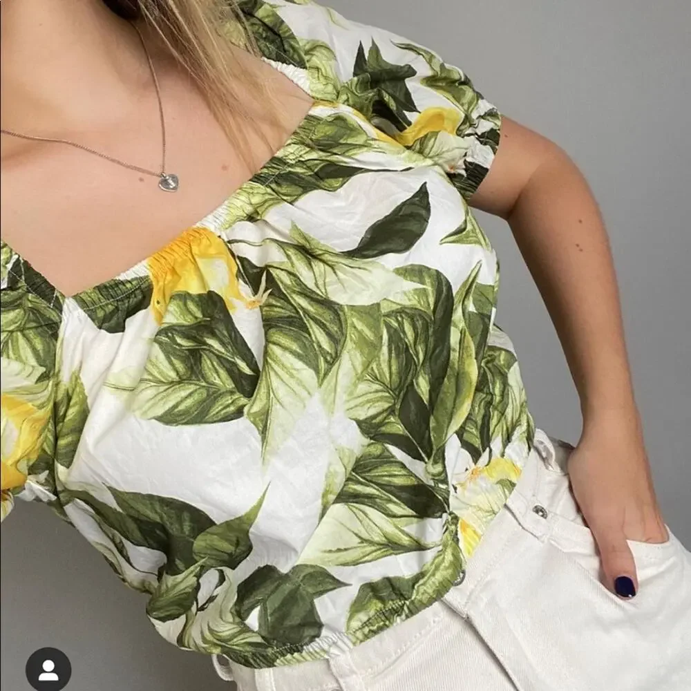 HM NEW LEMON CROP TOP PUFF SLEEVE WEAR ON OR OFF SHOULDER ALL COTTON XS - Picture 4 of 4